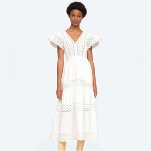 NWT $395 Sea New York White Georgina Eyelet Flutter V-Neck Maxi Dress Size 2